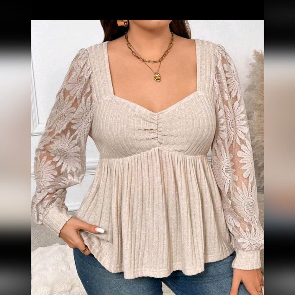 Elegant Beige Lace Sleeve Top